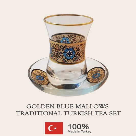 Golden Blue Mallows Traditional Turkish Tea Set