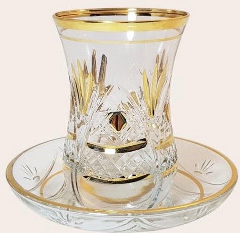 Zafer Gold Embellished Crystal Turkish Tea Set